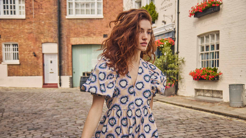 The Palmer dress is back for fall in a lightweight cotton poplin in a new London Rain print.