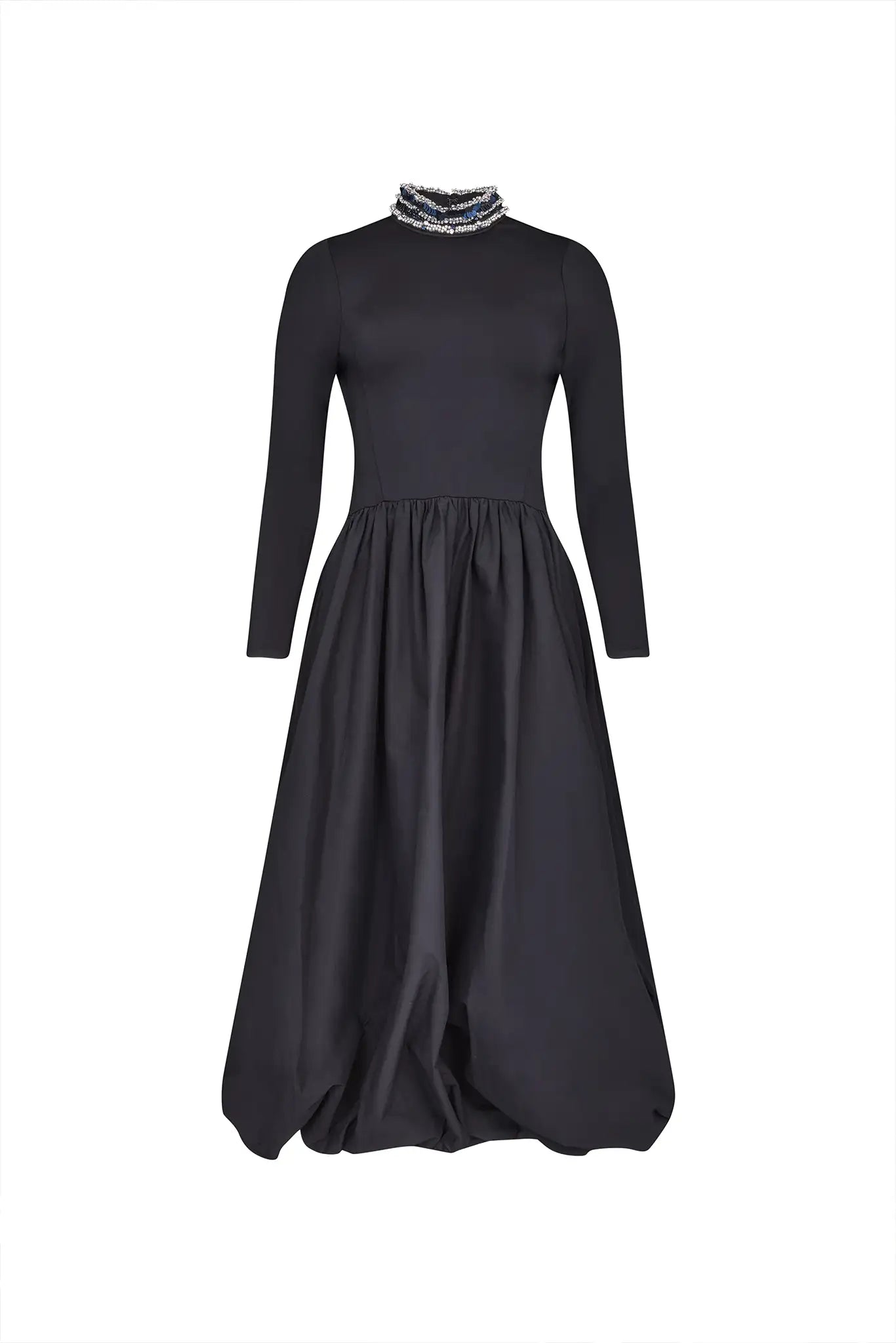 The Alexandra Dress is a fitted bodice with long sleeves, bubble skirt, and jeweled trim neckline.