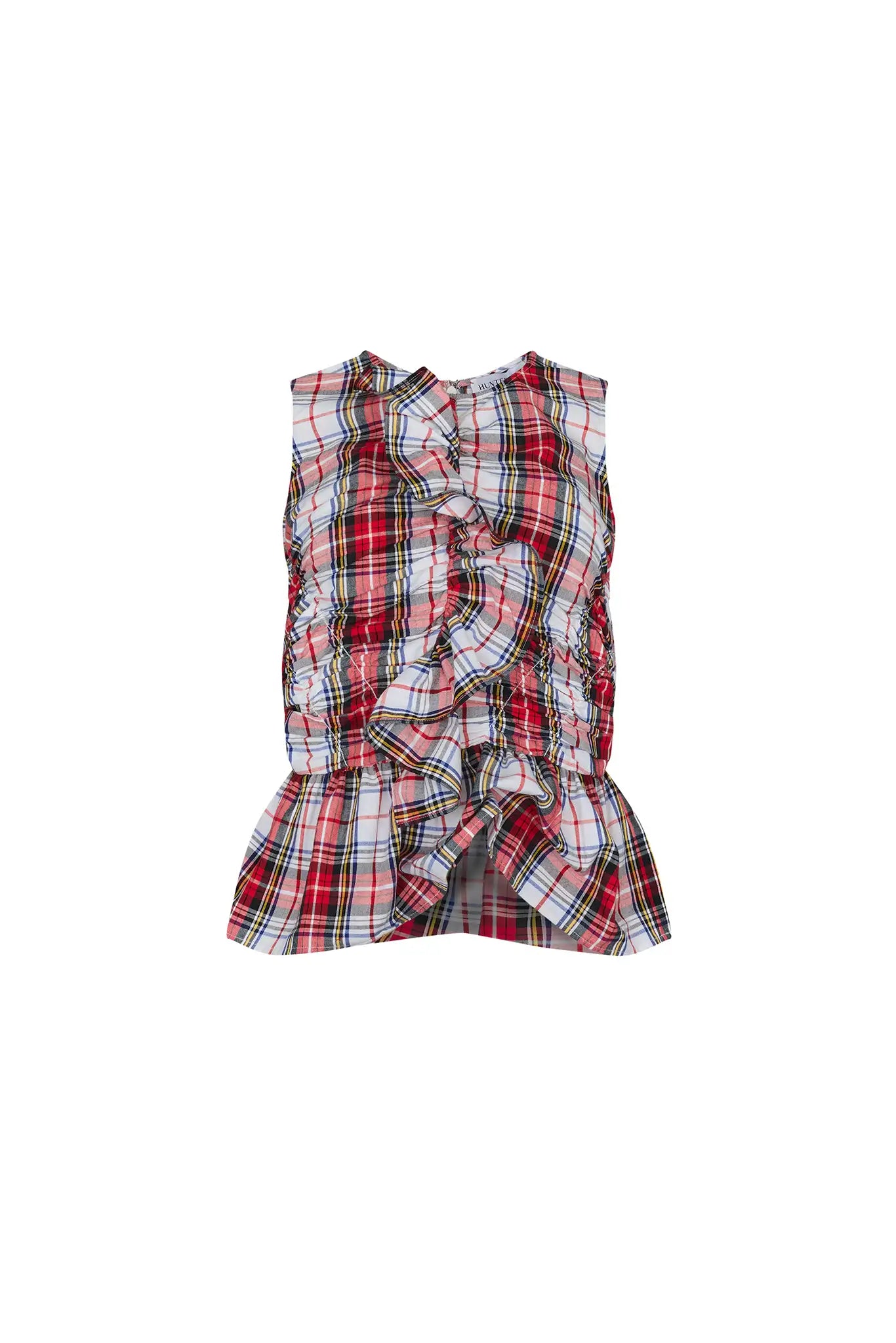 The Doering Top is a fitted V-neck silhouette with ruffles, shirring, and a peplum waist.