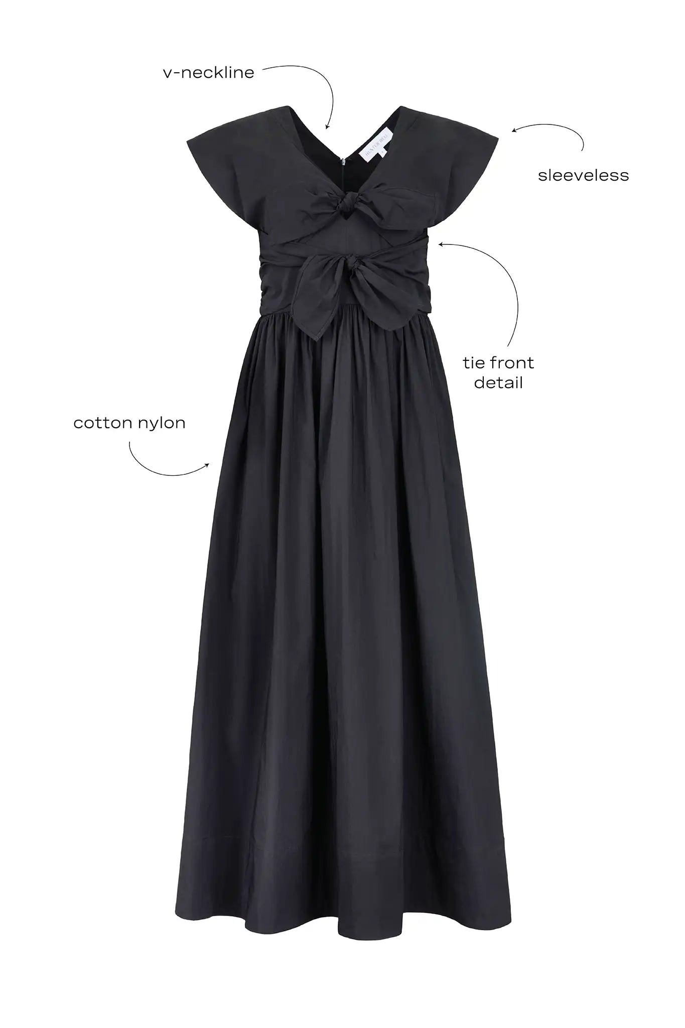 The Calista Dress has a V-neckline, cap sleeves, adjustable tie-front details and a full skirt.