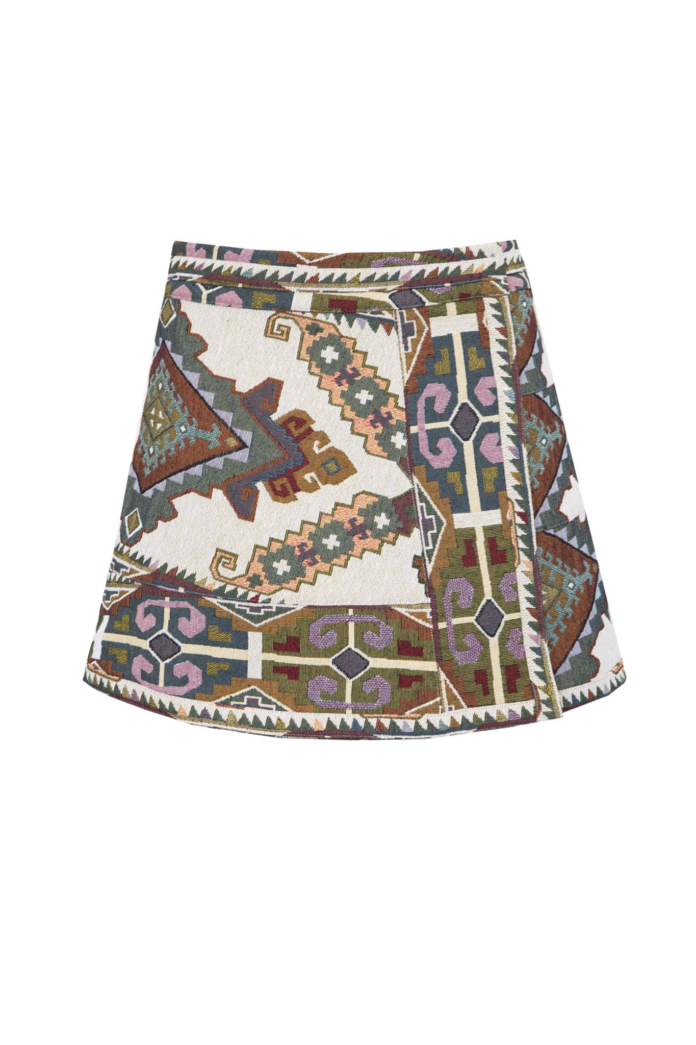 The Powell tapestry mini skirt has A banded waist and elegant wrap silhouette.