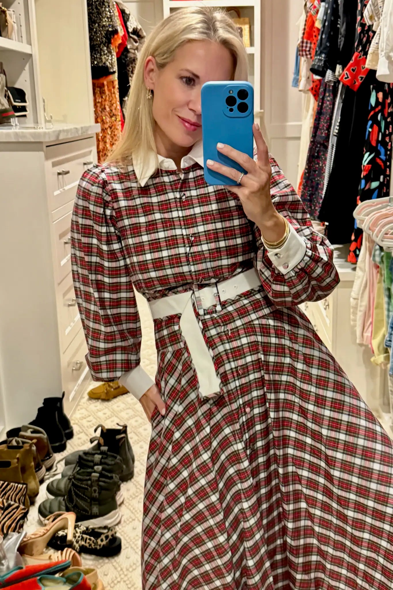 The Randolph Dress has a circle skirt, full length sleeves with button cuffs and optional belt.