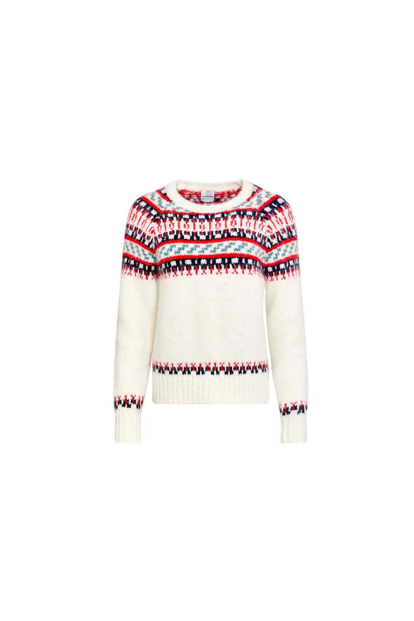 The Josie Sweater in Cream Fairisle has a ribbed crew neckline and long raglan sleeves.