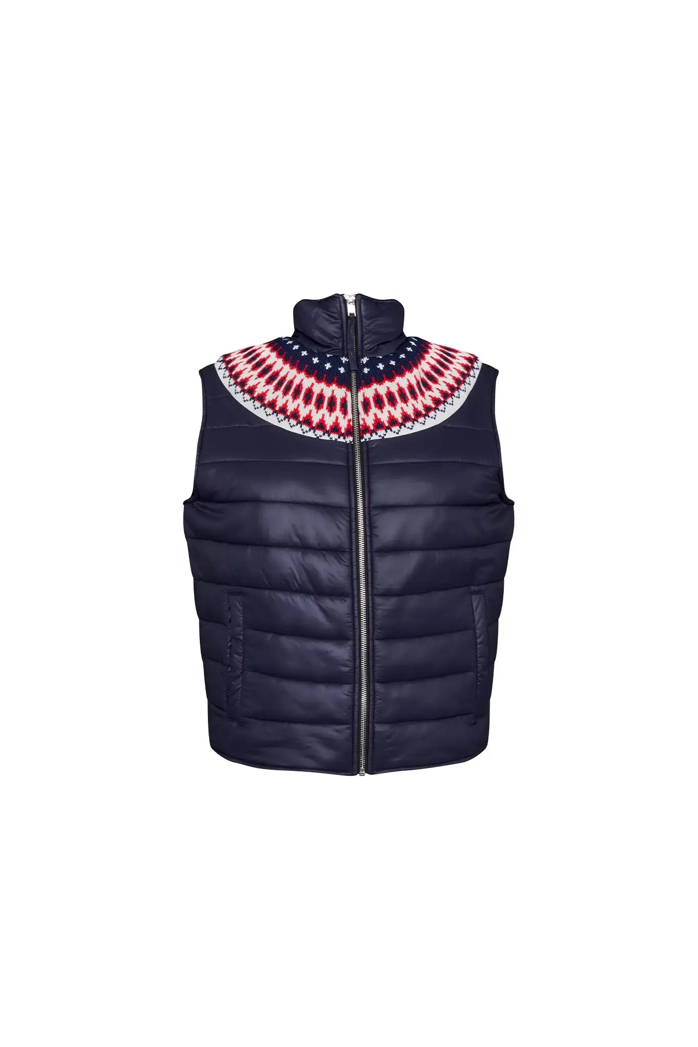 The Brady Vest is a elevated puffer with a collared neckline and a knitted Fair Isle yoke.