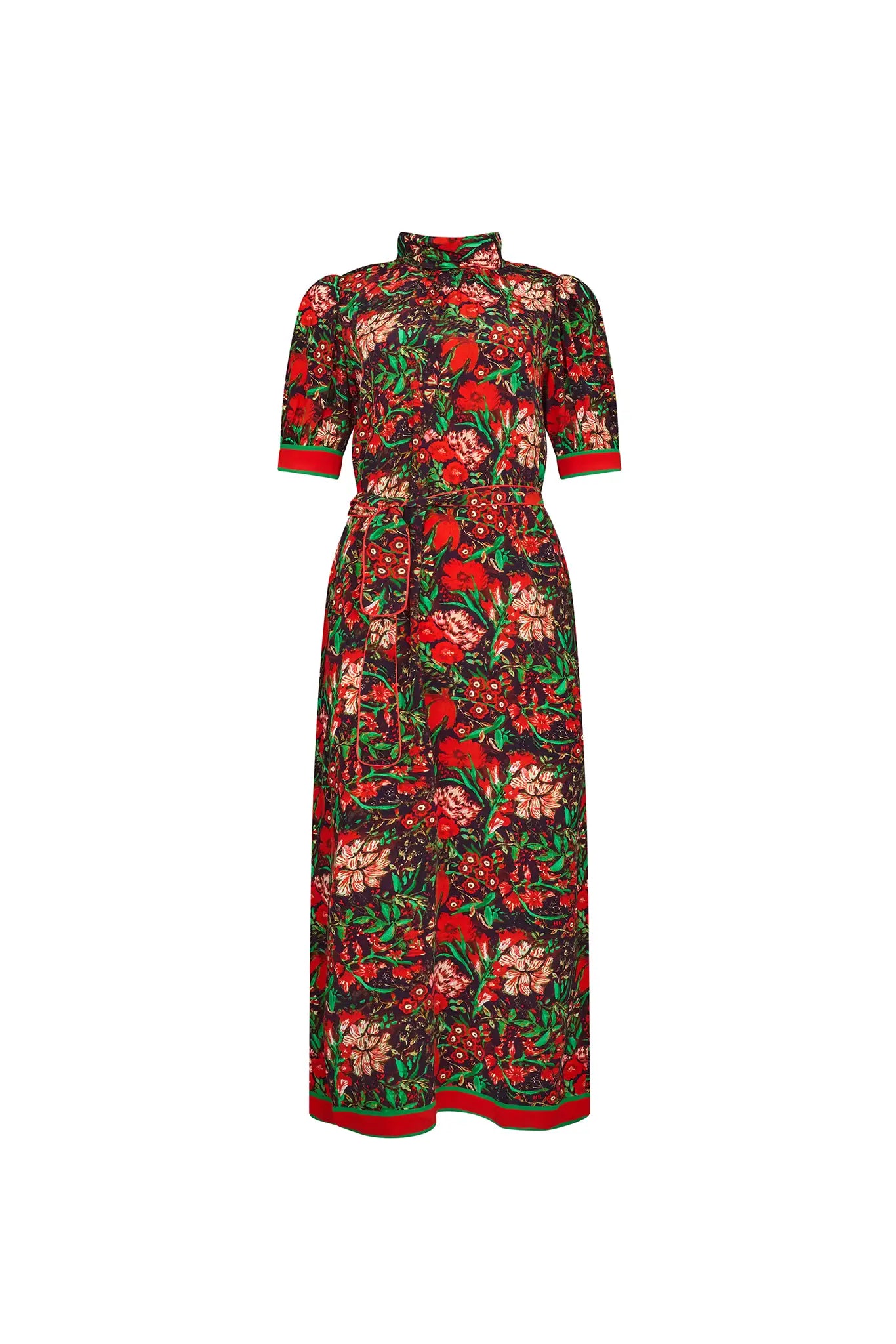 The Langley Dress is designed with a mock neck, puff sleeves, and an optional self-tie belt.