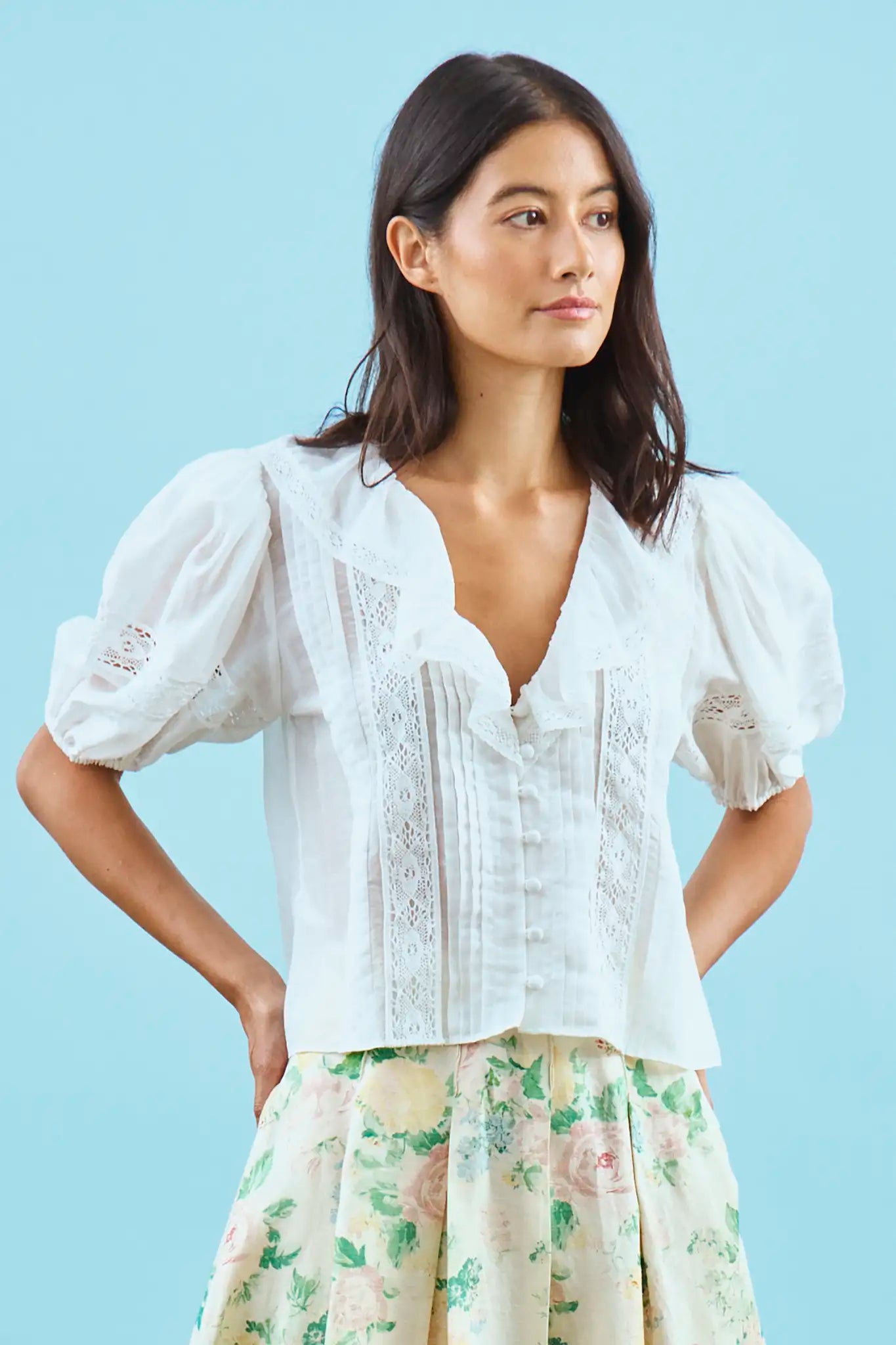 Mare Top | White Ruffled V-Neck Blouse | Hunter Bell