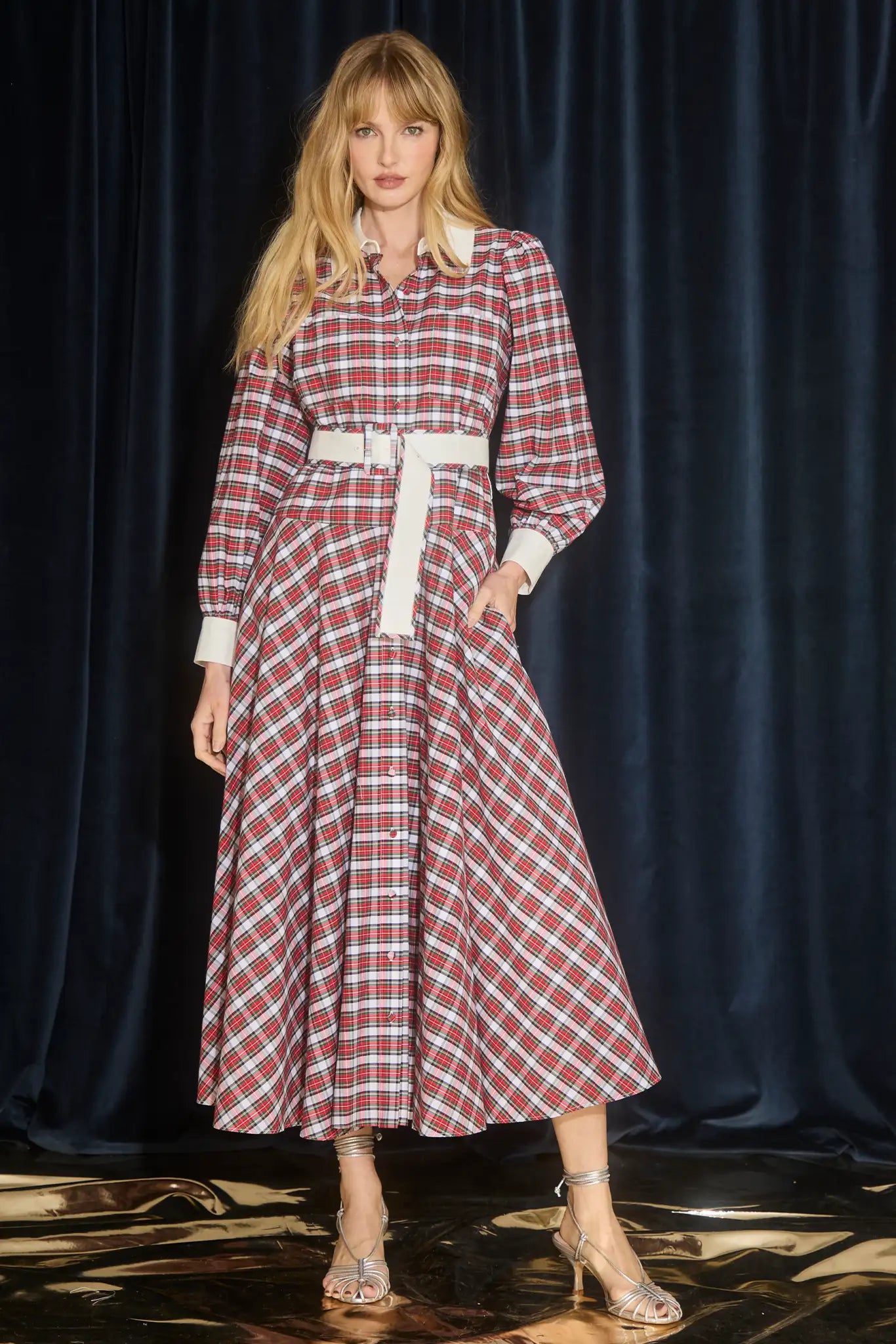 The Randolph Dress has a circle skirt, full length sleeves with button cuffs and optional belt.
