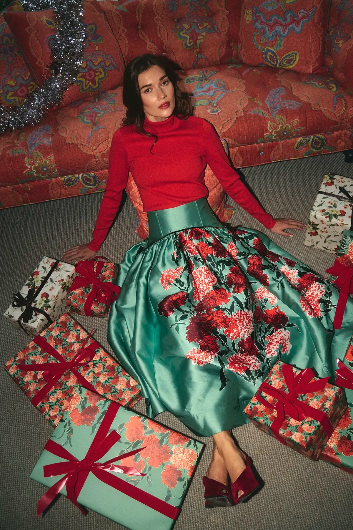 The Nolita Skirt in Evergreen Conservatory paired with the Roen Turtleneck in Crimson Red.