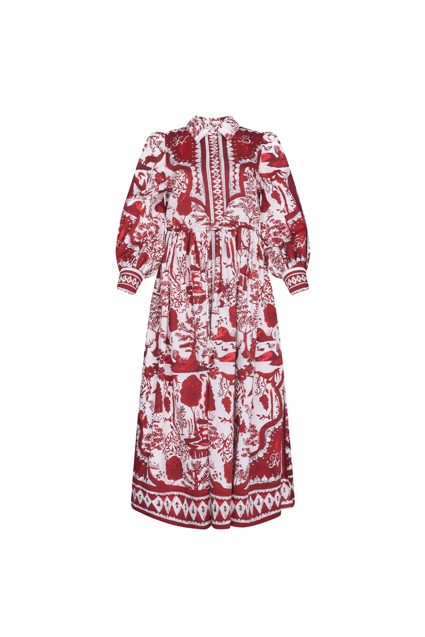 The Rosie Dress is full-length, collared neckline, long sleeve with button cuffs, & drawstring waist