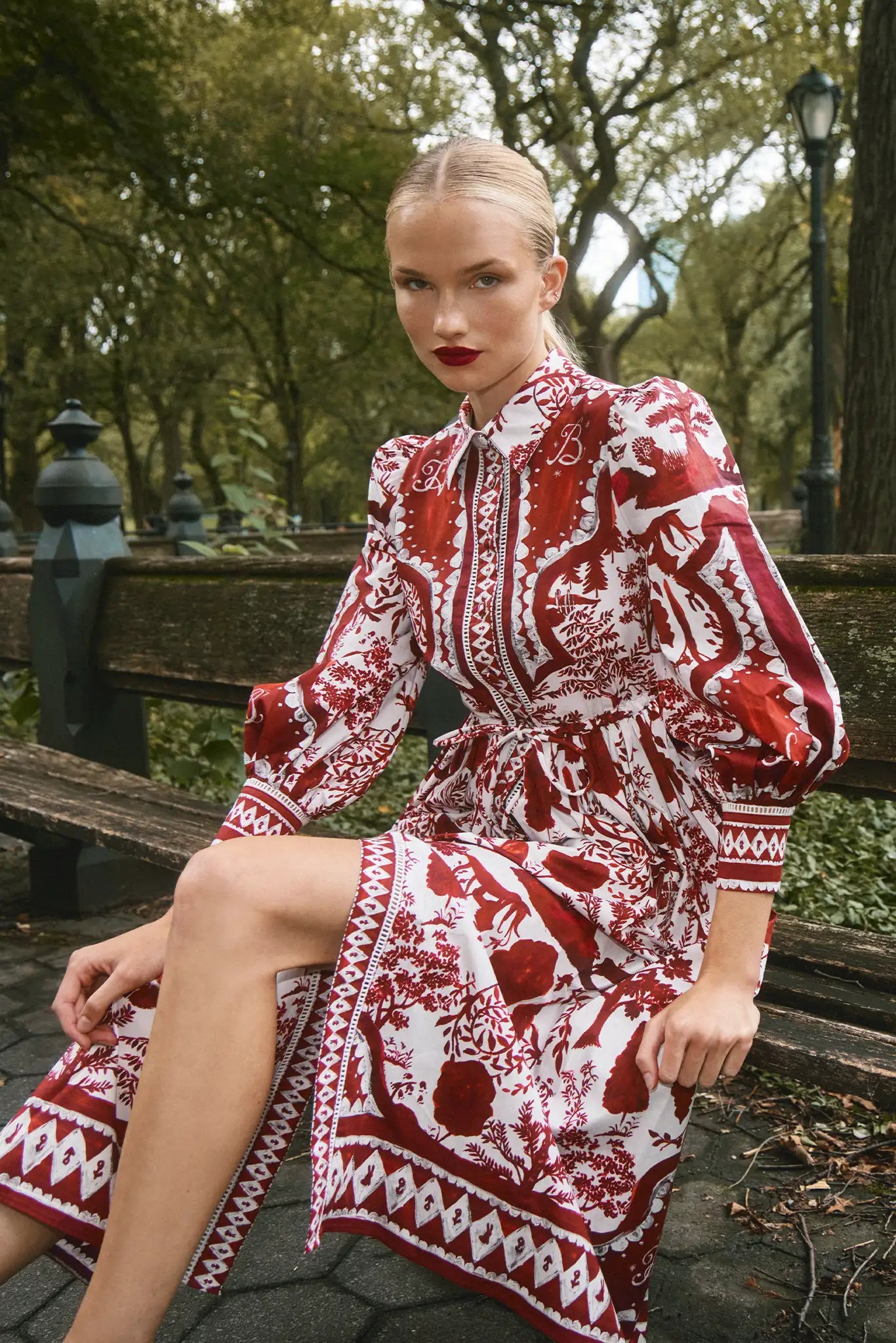 The Rosie Dress is full-length, collared neckline, long sleeve with button cuffs, & drawstring waist