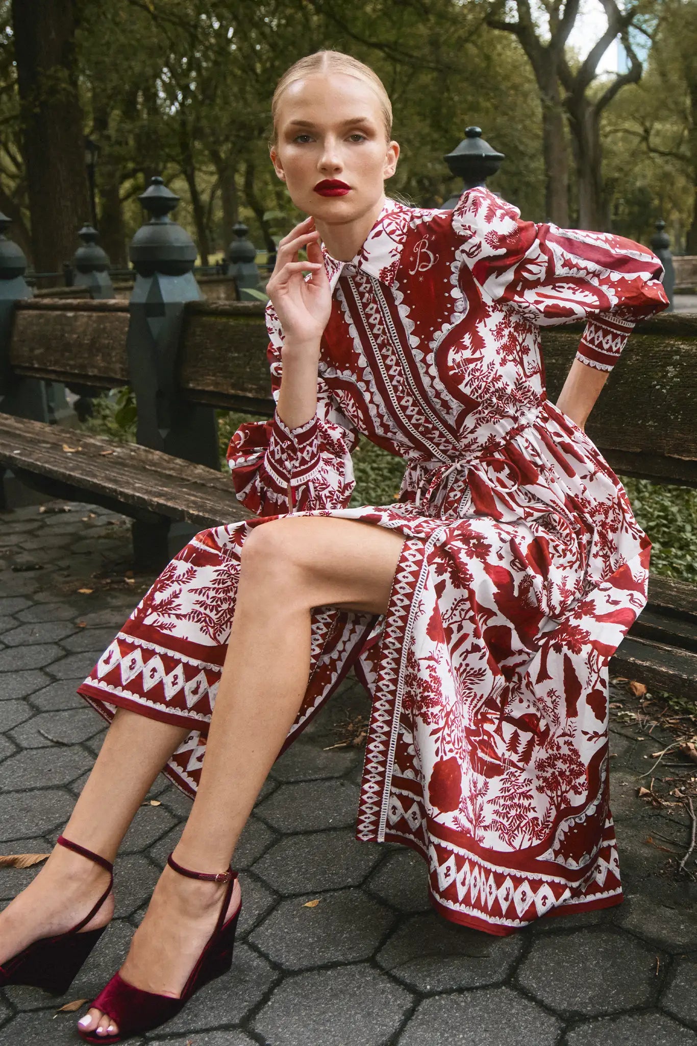 The Rosie Dress is full-length, collared neckline, long sleeve with button cuffs, & drawstring waist