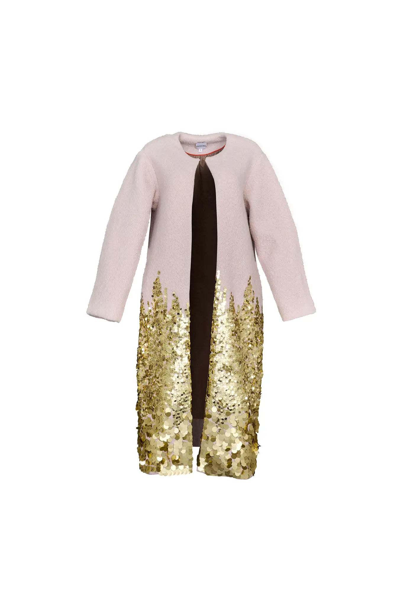 The Tinsley Coat is in our City Lights Gold Sequins Bouclé with a rounded neckline and long sleeves.