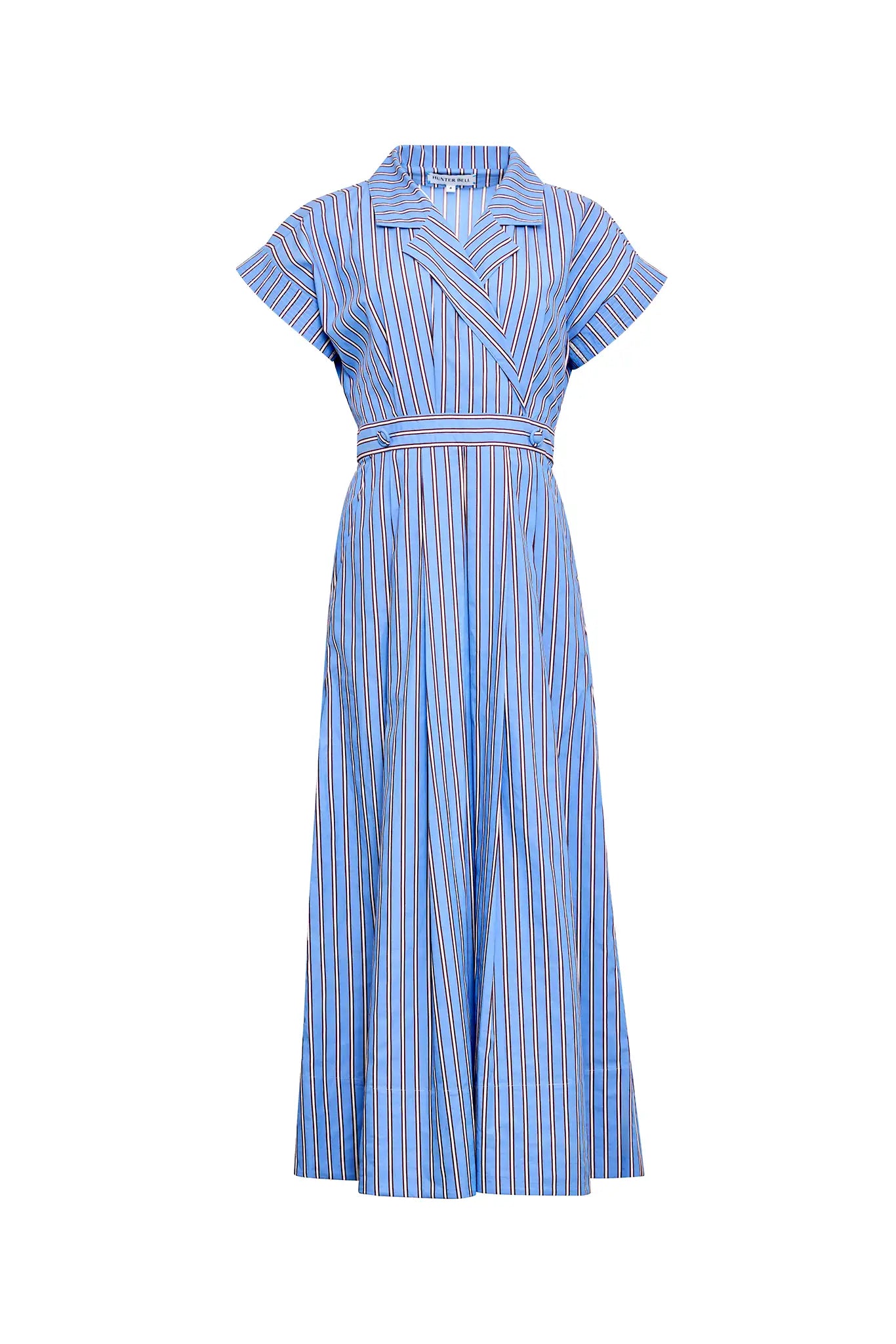 The Sloane Dress has a V-neckline, short banded sleeves, a fitted waist, and full midi-length skirt.