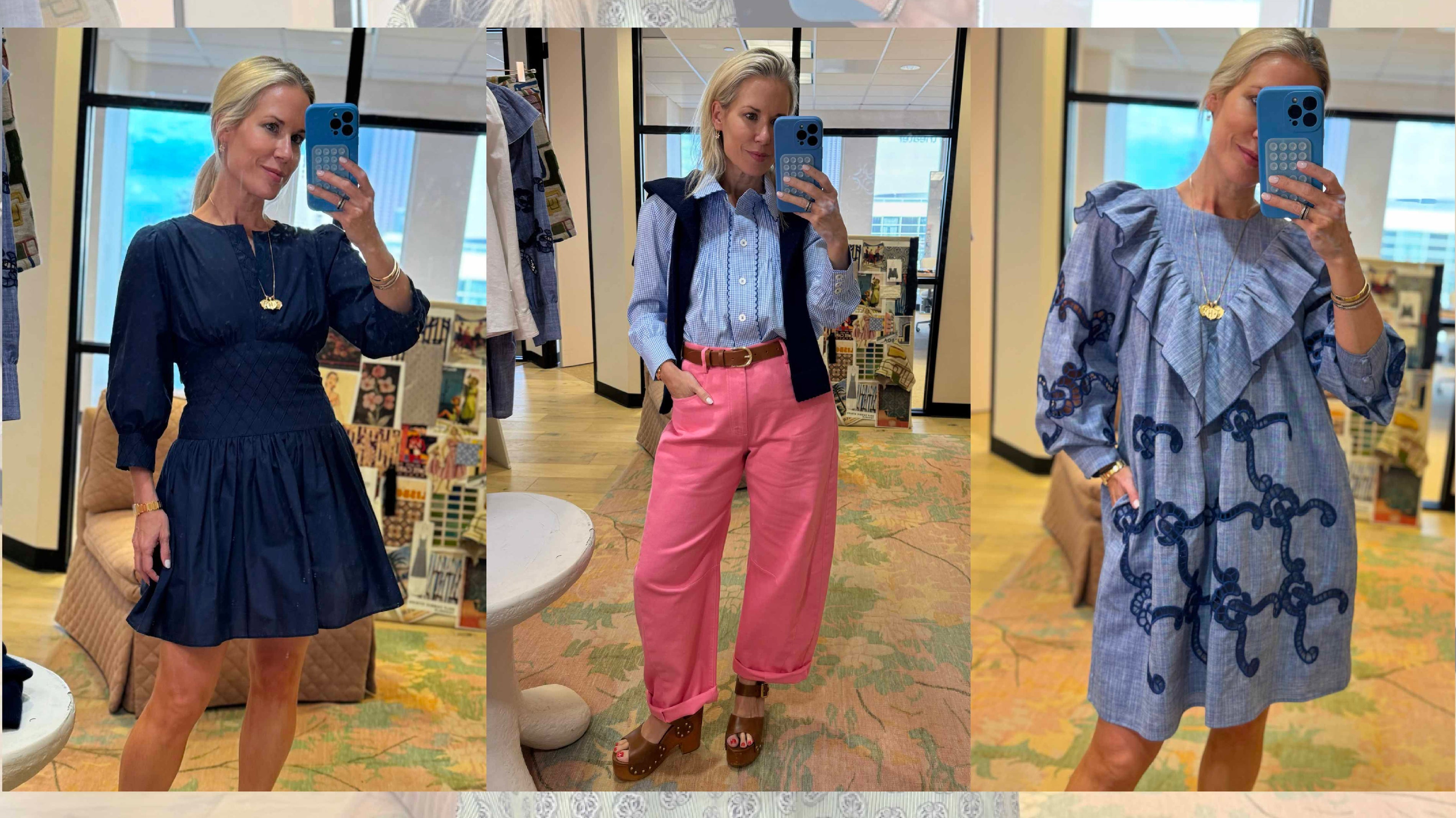 Hunter Bell wearing three different outfits - one navy dress, one blue and white gingham shirt and pink pants, and one blue longsleeve linen dress