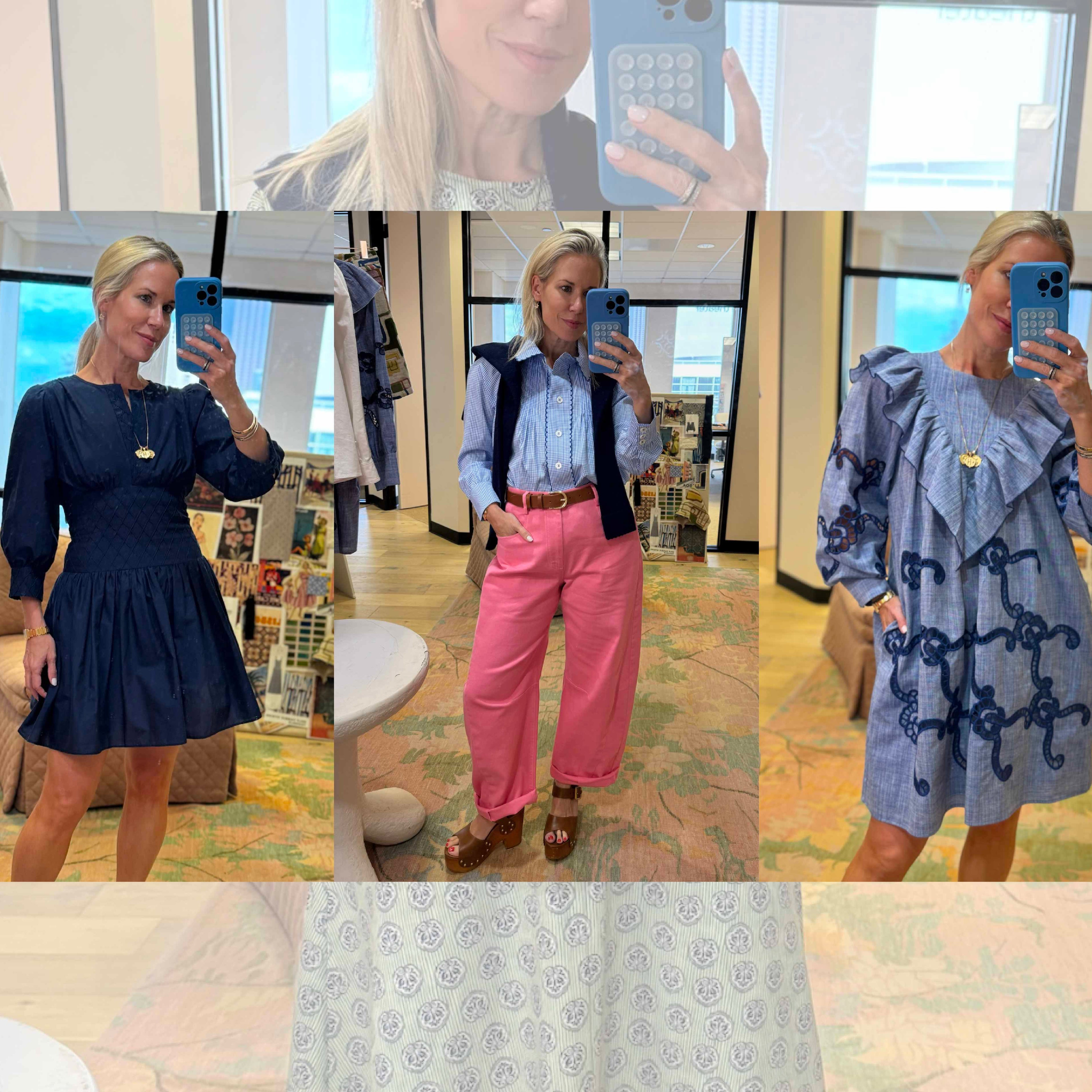 Hunter Bell wearing three different outfits - one navy dress, one blue and white gingham shirt and pink pants, and one blue longsleeve linen dress