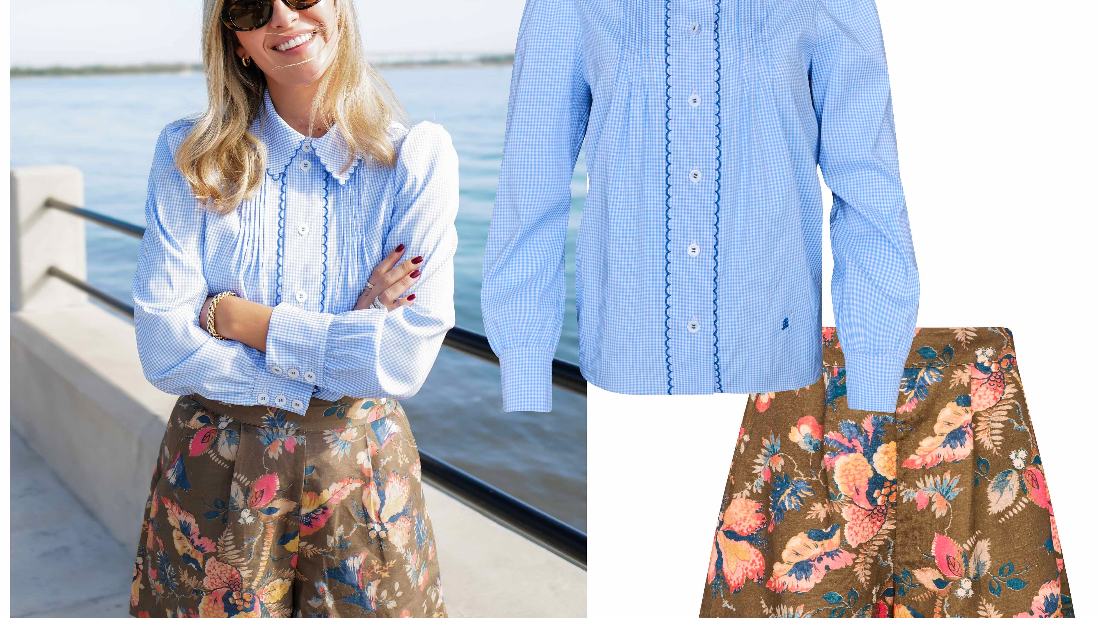 Woman in blue and white gingham blouse and brown floral linen shorts