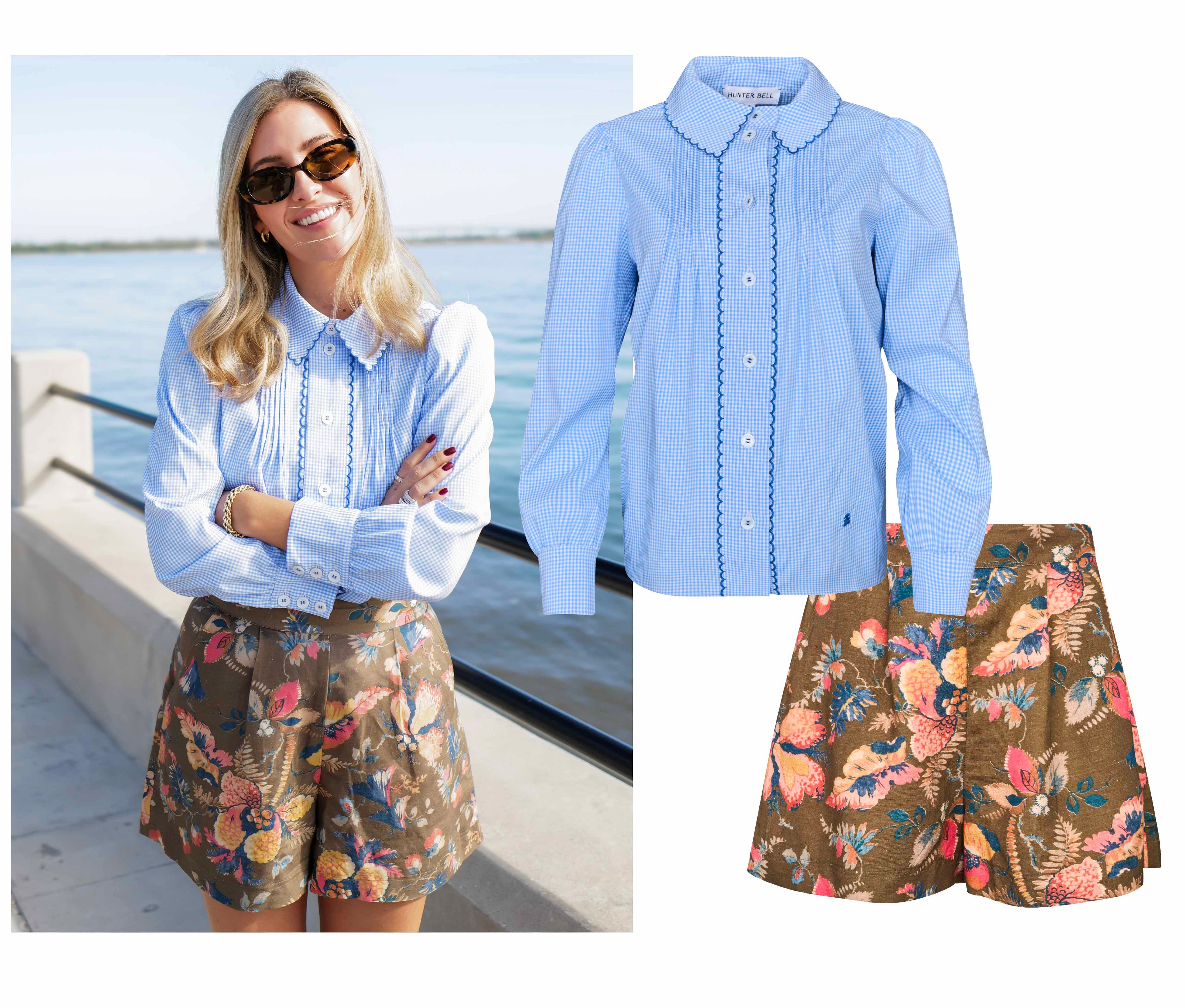 Woman in blue and white gingham blouse and brown floral linen shorts