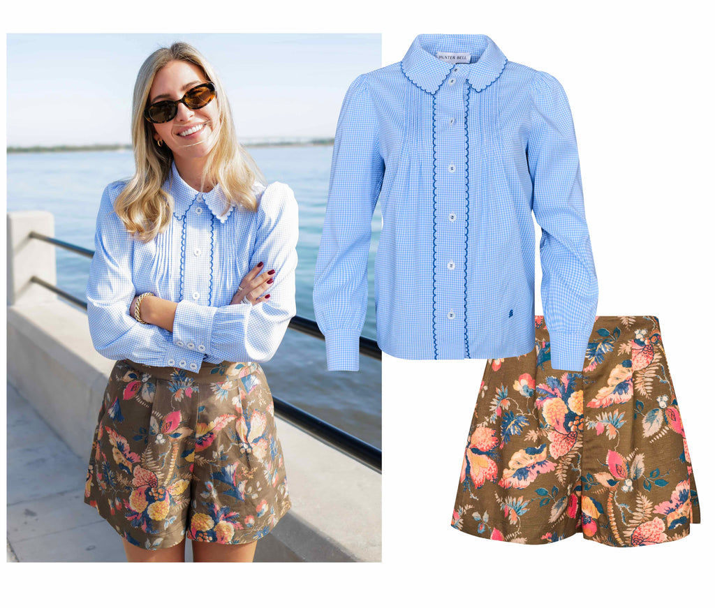 Woman in blue and white gingham blouse and brown floral linen shorts