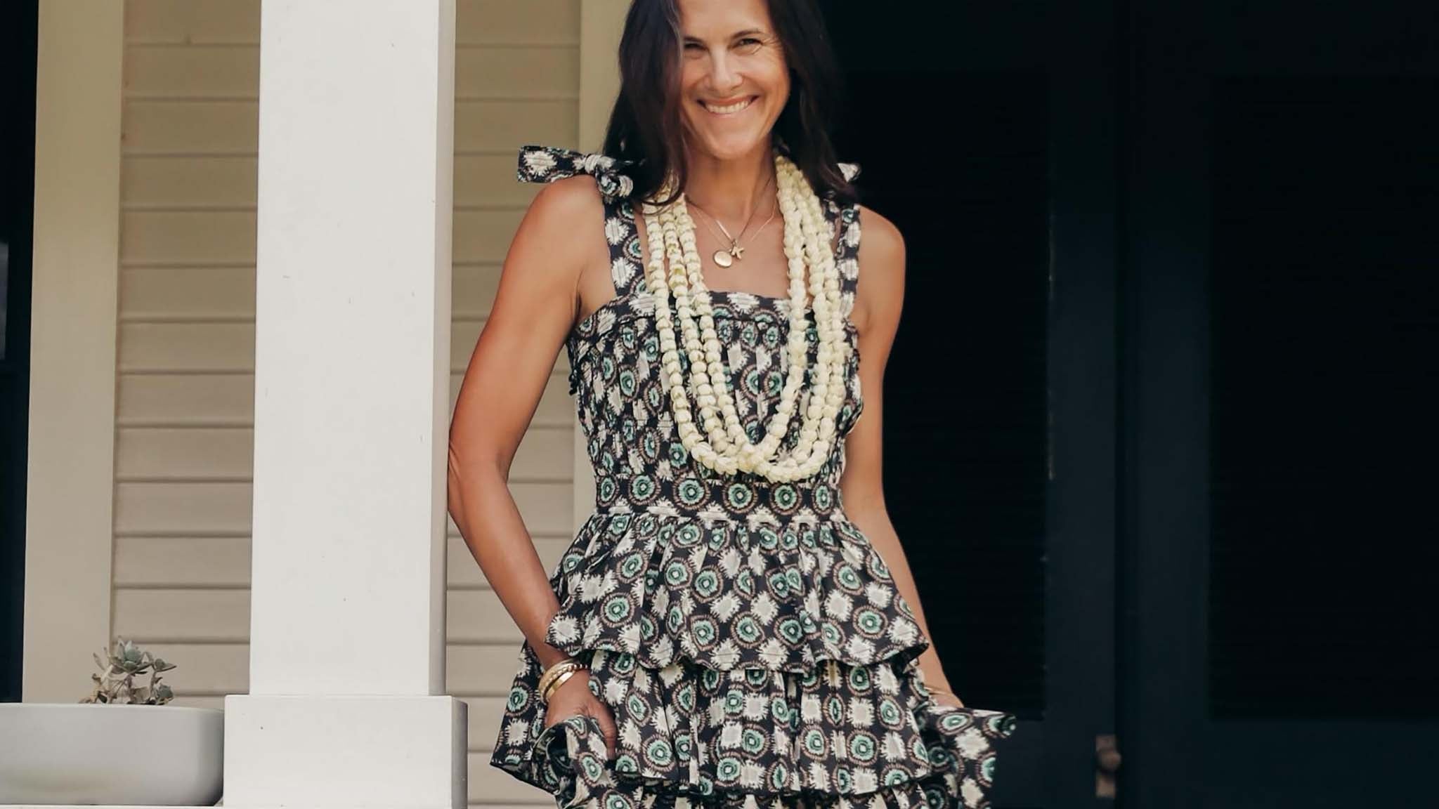 Meleana Estes wearing the Sierra dress in London Rain Black.
