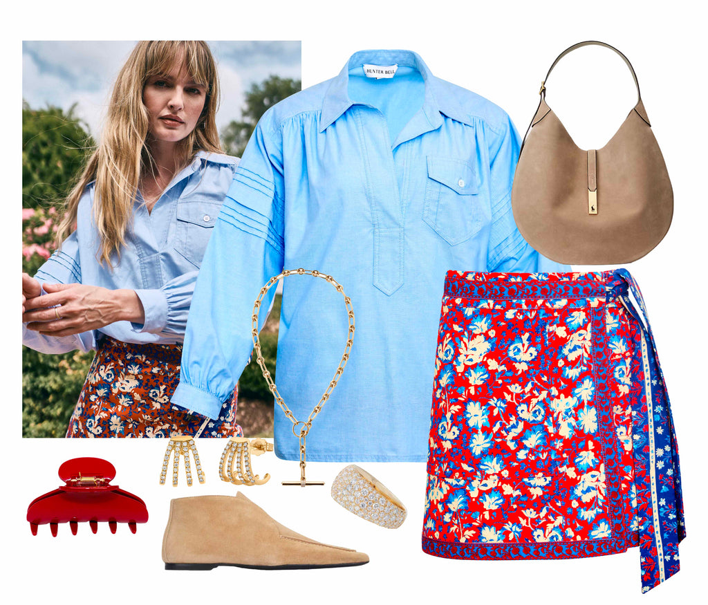 Flatlay of Hunter Bell Evangeline Shirt in blue paired with the  Hunter Bell Bay skirt shown styled with light beige purse, red claw clip, gold jewelry, and beige shoes
