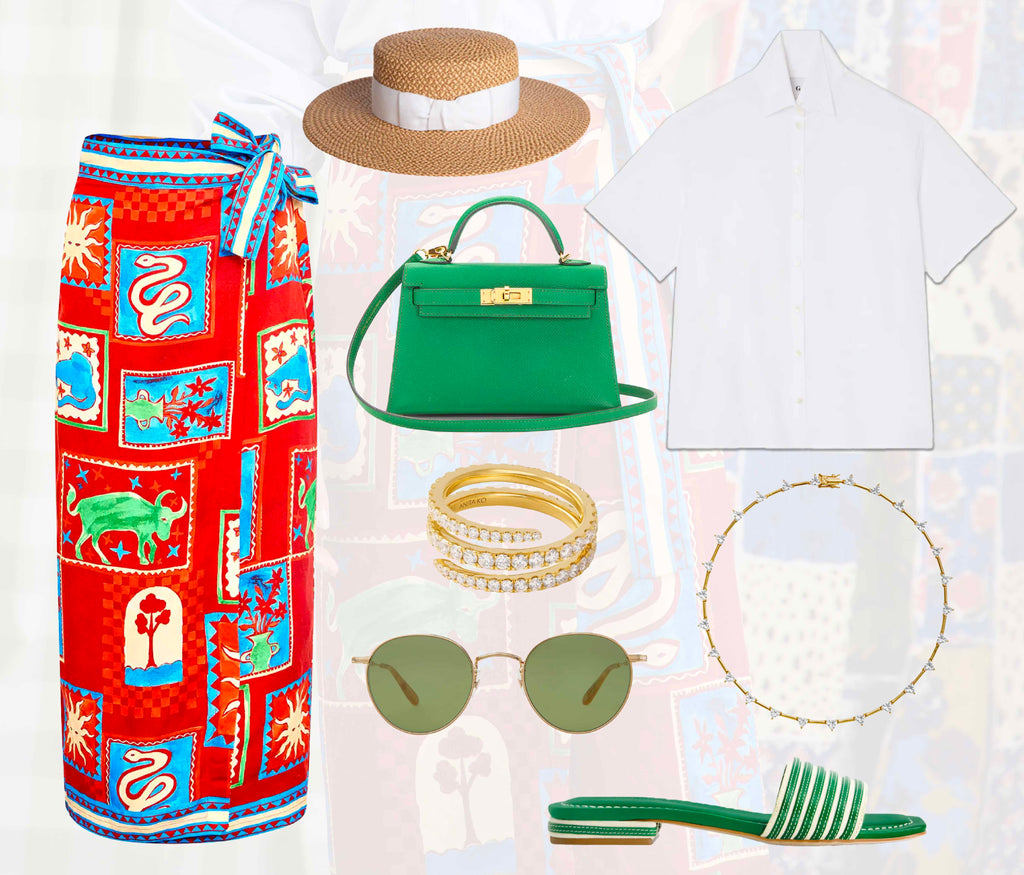 An overlay of the Hunter Bell Paloma Wrap Skirt in Santa Fe print shown with a green purse, white collared tee, green shoes, gold jewelry and straw hat