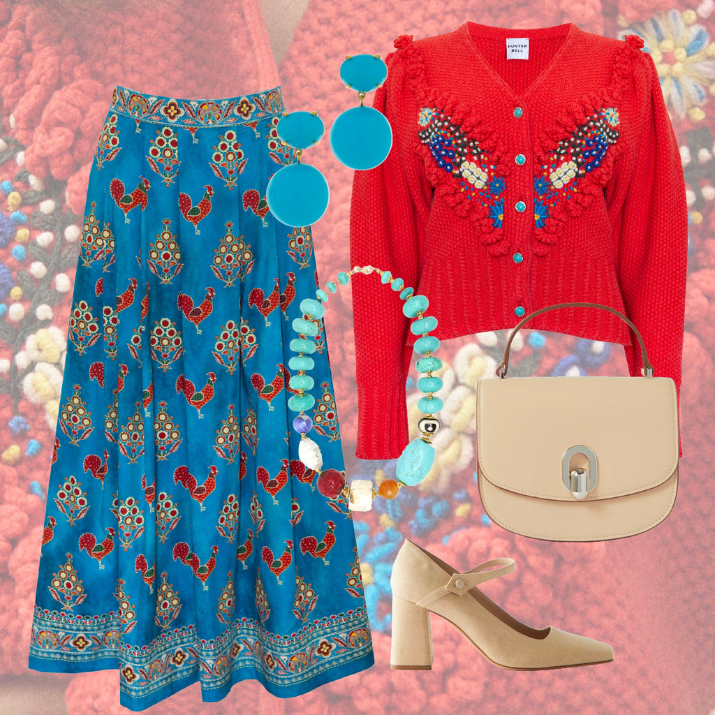 The Spencer Sweater in Red Embroidery, paired with the Gigi Skirt in the British Birdies print.