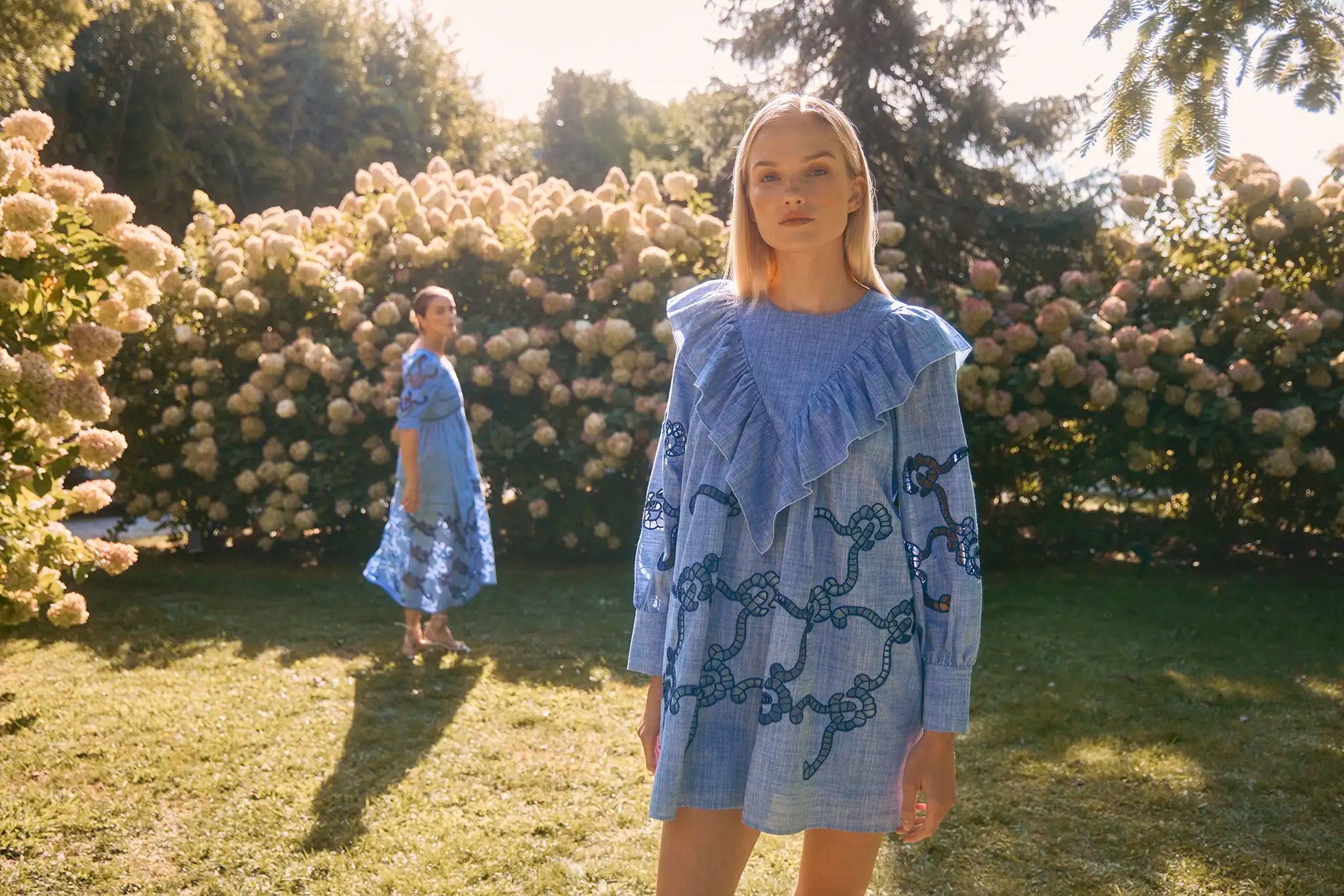 Valerie Dress styled with the Martini Coat in floral quilt and the Shay Blouse in white and Alexis Skirt in rope jacquard.