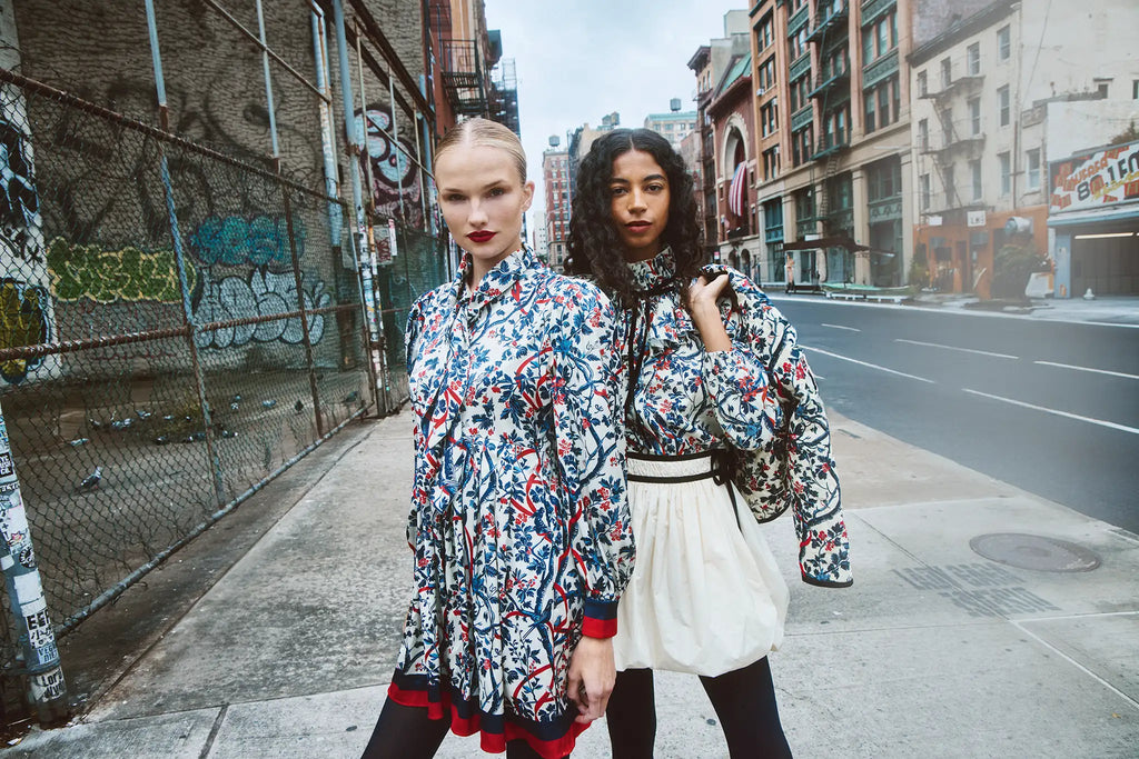 Valerie Dress styled with the Martini Coat in floral quilt and the Shay Blouse in white and Alexis Skirt in rope jacquard.
