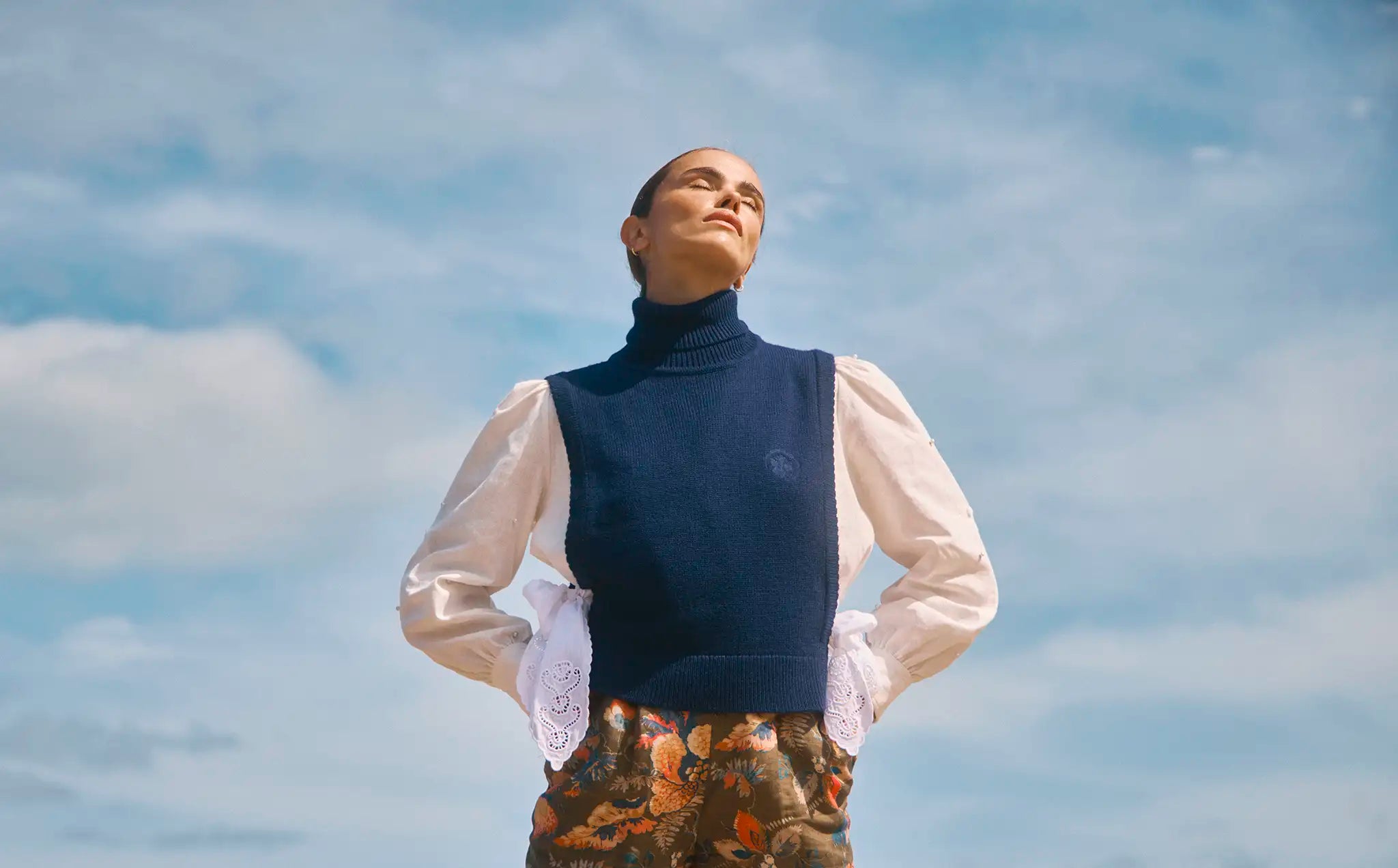 Celeste Blouse in floral quilt styled with the Haskell Pants in  cracked gold.