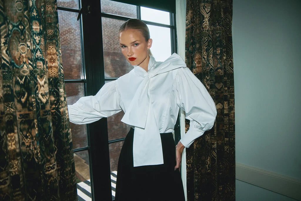 Celeste Blouse in floral quilt styled with the Haskell Pants in  cracked gold.