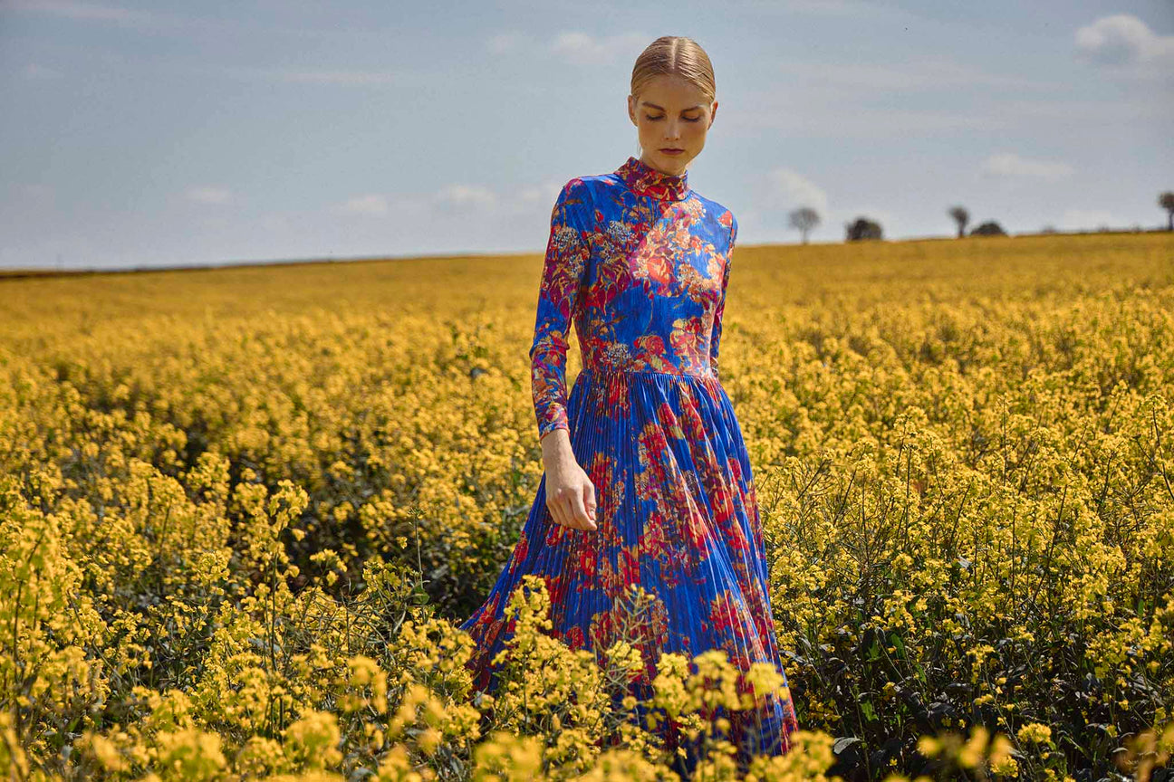 slim fit dress slacks Floral Printed Chiffon Long Sleeve Gown 2 / Sky Blue/Multi