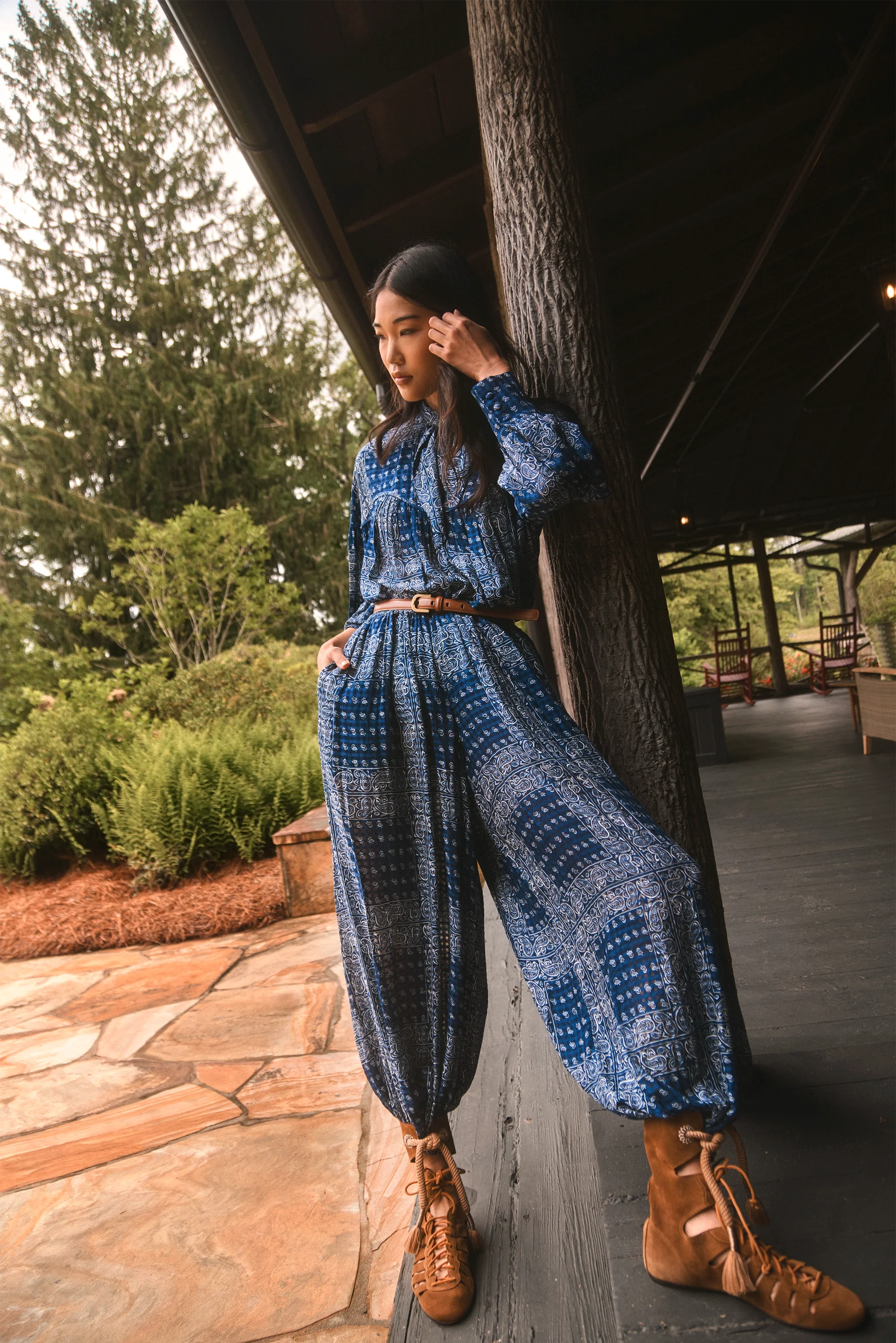 The Briggs Pant in Inkwell Paisley paired with matching Celeste Blouse. 