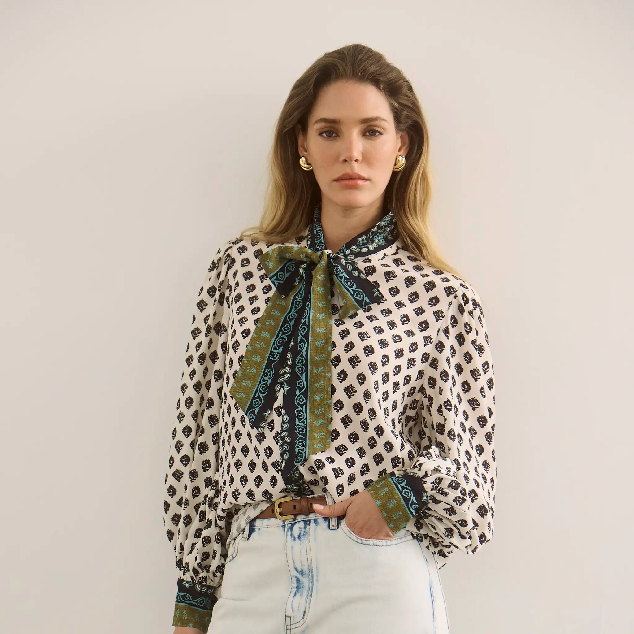 Celeste Blouse in floral quilt styled with the Haskell Pants in  cracked gold.