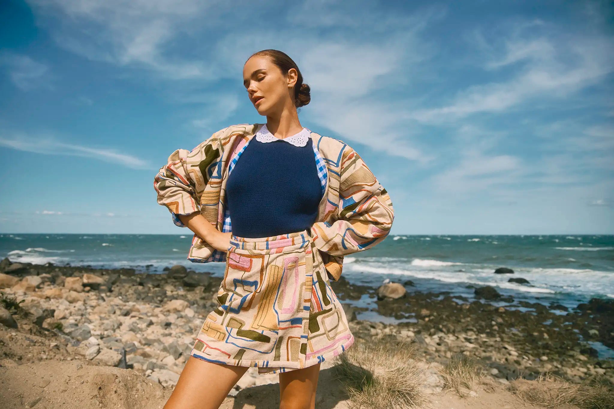 Kaia Top and Carson Pant in stretch plaid.