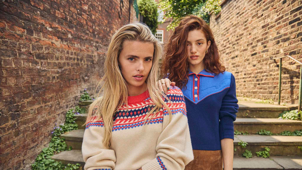 Jackie Sweater in Fair Isle and Davidson Sweater in Navy.