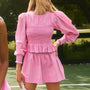 Pink and thin green striped flowy smocked shorts