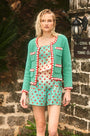 The Catalina Short in Coral Reef Ombre paired with matching Corby Top and turquoise Russell Cardigan
