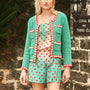 The Catalina Short in Coral Reef Ombre paired with matching Corby Top and turquoise Russell Cardigan