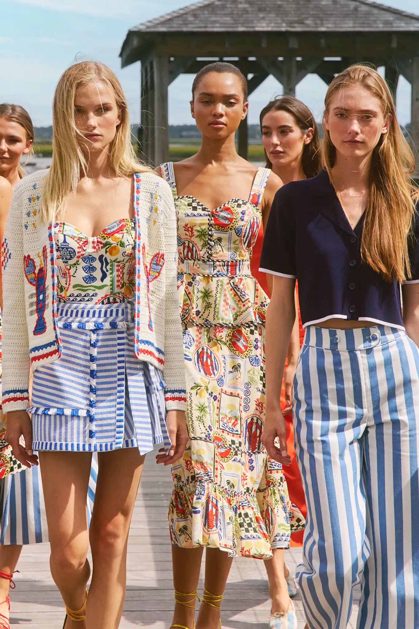 The Lacey Dress in Coastal Conversation shown with other models wearing Hunter Bell