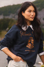 The Heritage Sweatshirt in Midnight blue paired with Wray Pant in washed blue denim. 