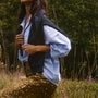 The Evangeline Shirt in Oxford Blue paired with the Lindsey Skirt in Moss Sequin.