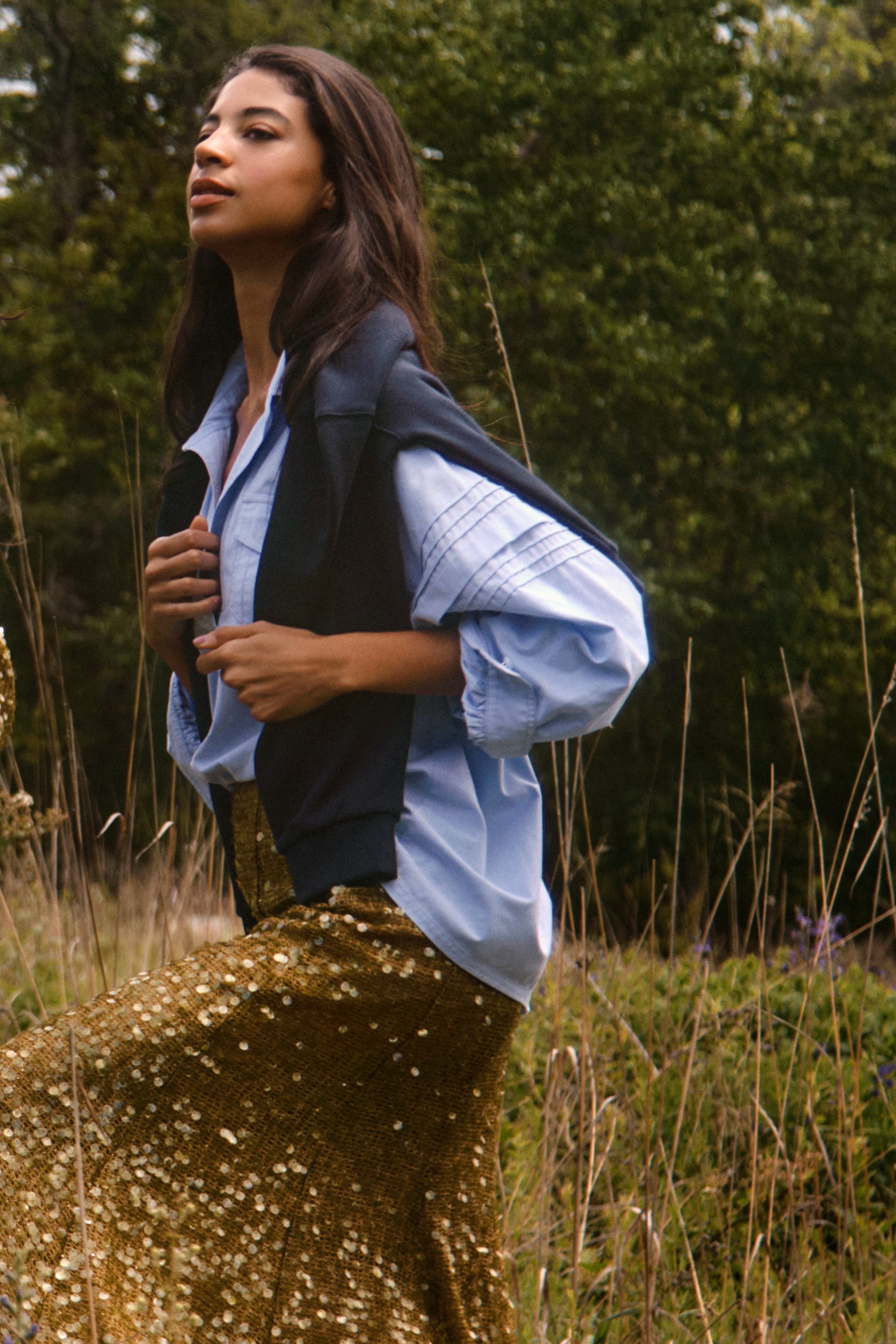 The Evangeline Shirt in Oxford Blue paired with the Lindsey Skirt in Moss Sequin.