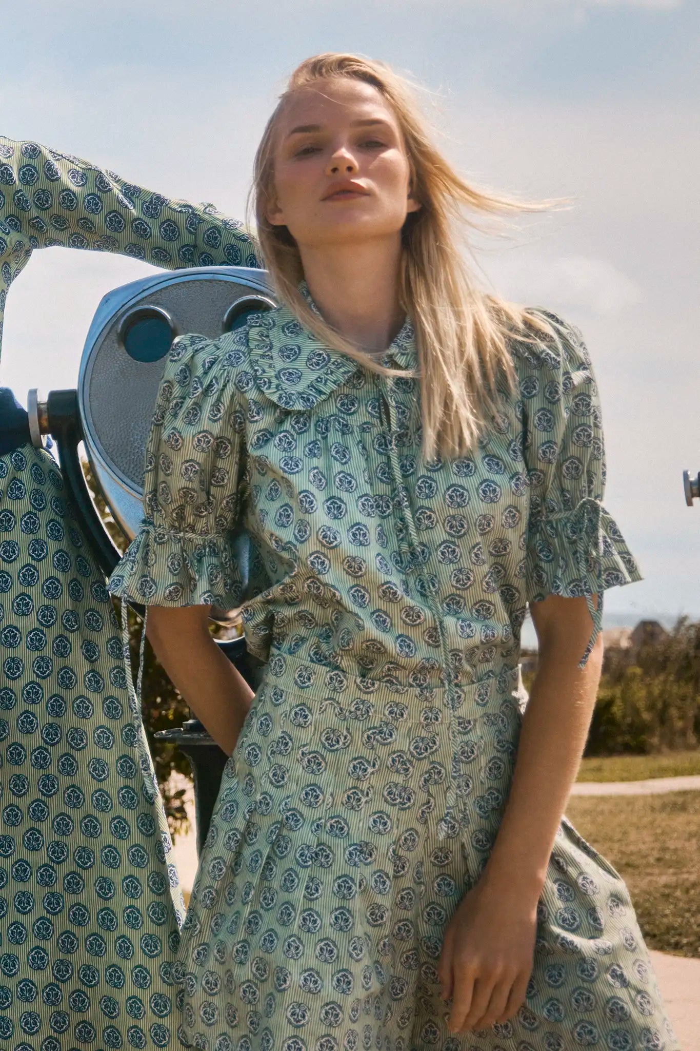 Stretch sateen pleated shorts with a banded waist in Navy Bird Block print.