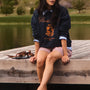 The Heritage Sweatshirt in Midnight blue paired with the Jemma Shorts.