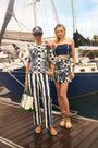 The Hawkins Top in Bermuda Toile paired with Juno Pant in Lighthouse Stripe Navy.