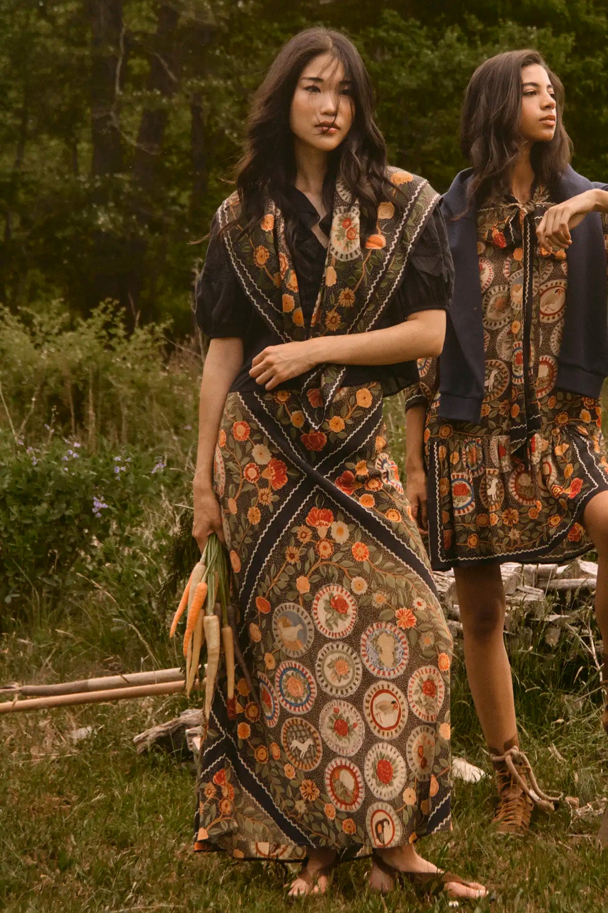 The Mare Top in Onyx paired with the Suki Skirt in Found Heirloom and the matching scarf.