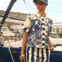 The Hawkins Top in Bermuda Toile paired with Juno Pant in Lighthouse Stripe Navy.