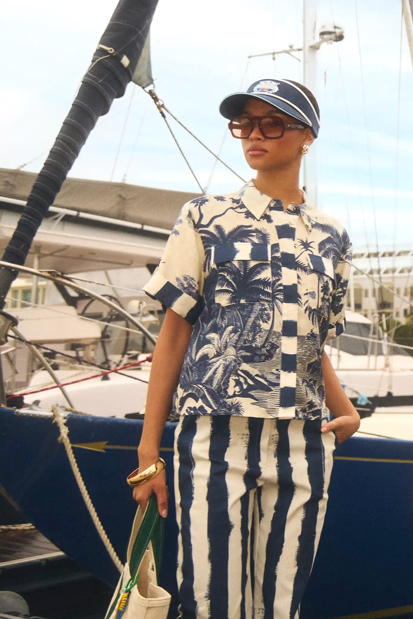 The Hawkins Top in Bermuda Toile paired with Juno Pant in Lighthouse Stripe Navy.