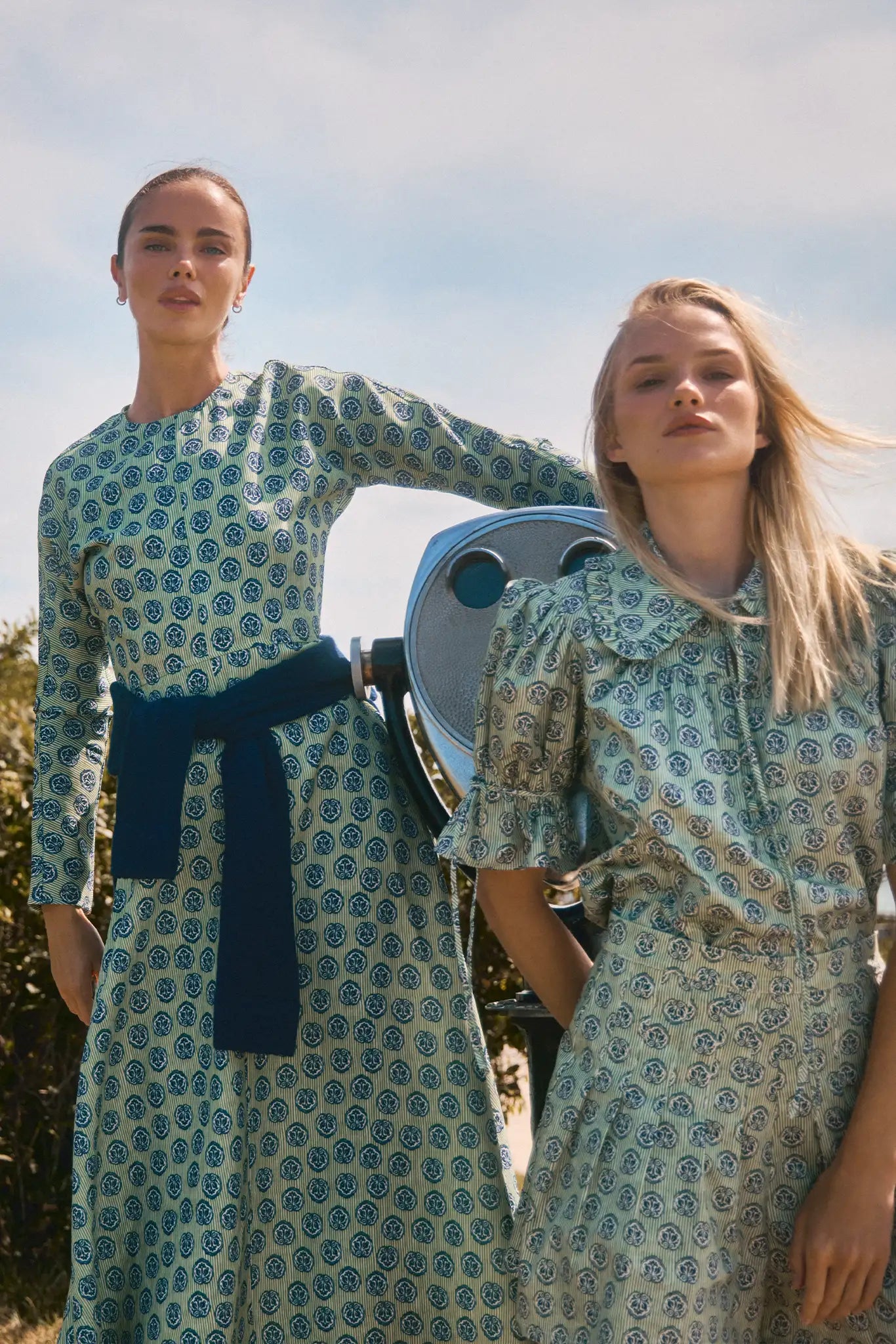 Navy Bird Block lightweight cotton sateen blouse with a relaxed collared silhouette & pintuck detail