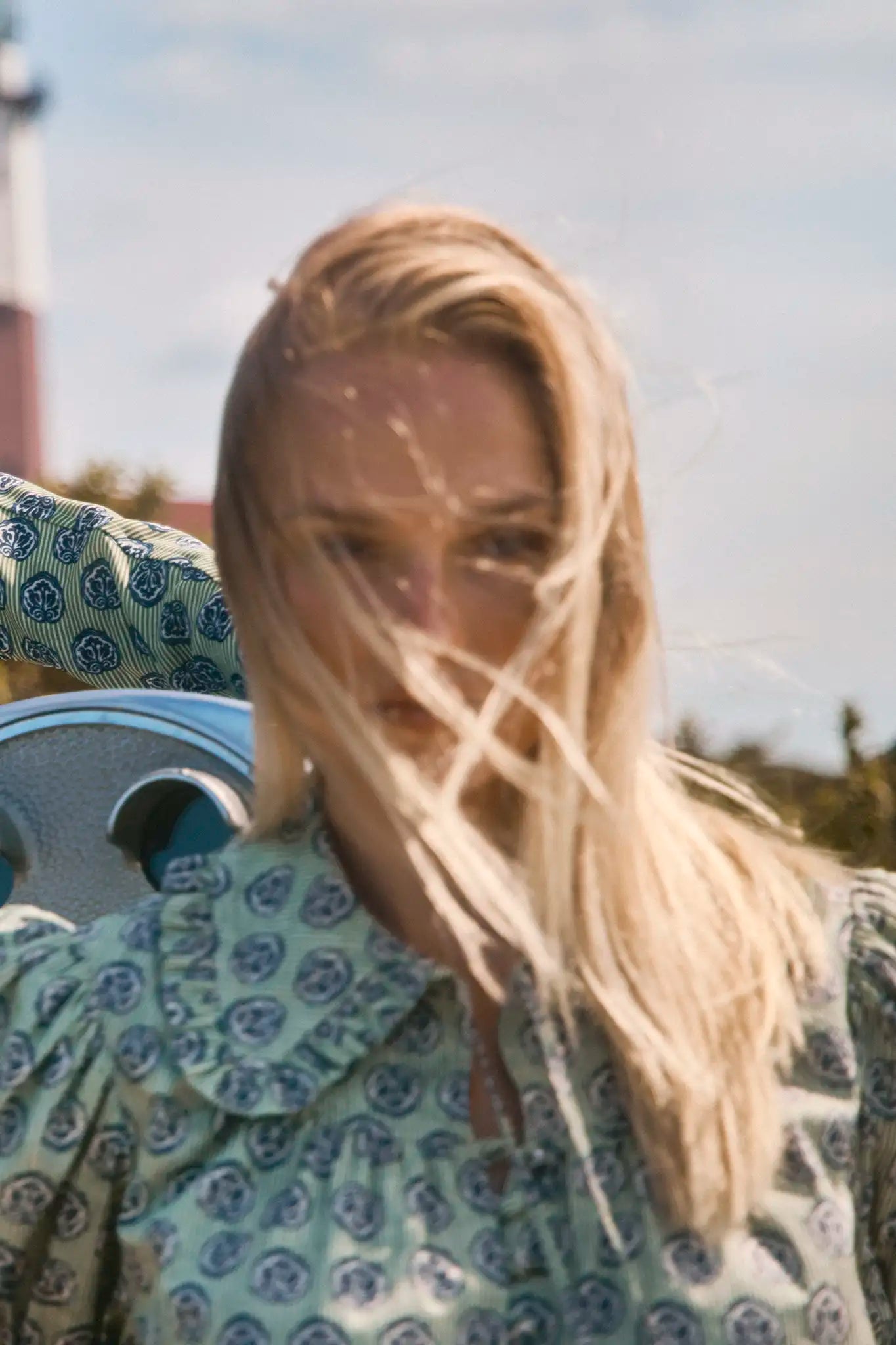 Navy Bird Block lightweight cotton sateen blouse with a relaxed collared silhouette & pintuck detail